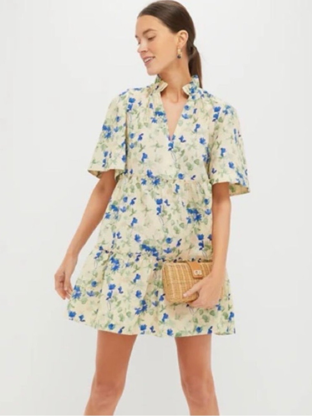 Tuckernuck Crawford Beige Dress with Blue Watercolor Floral Print